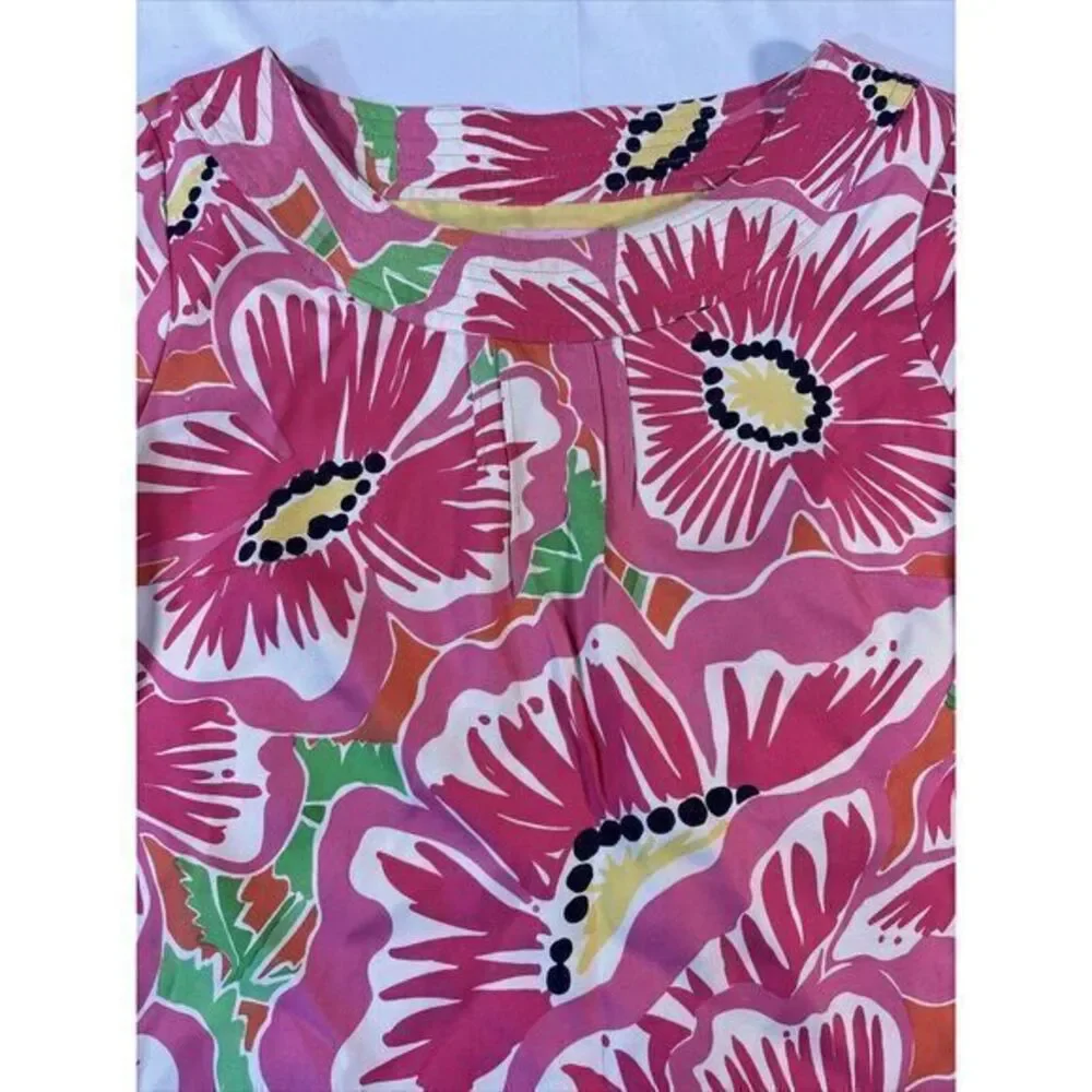 Lilly‎ Pulitzer Pink Floral Gold Metallic Puff Sleeve Blouse Top Women Size 0